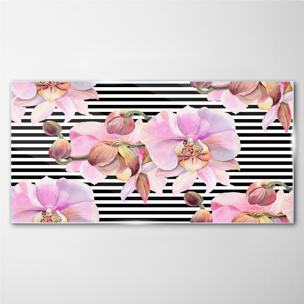 Tableau sur verre Orchidées sur fond de rayures noires