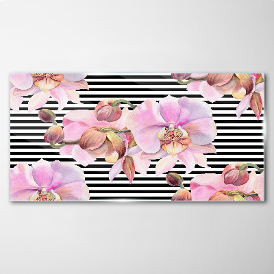 Tableau sur verre Orchidées sur fond de rayures noires