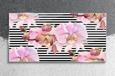 Tableau sur verre Orchidées sur fond de rayures noires
