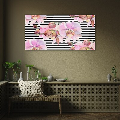 Tableau sur verre Orchidées sur fond de rayures noires