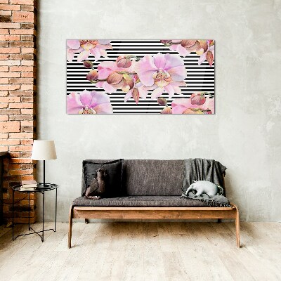 Tableau sur verre Orchidées sur fond de rayures noires