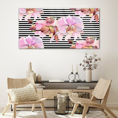 Tableau sur verre Orchidées sur fond de rayures noires
