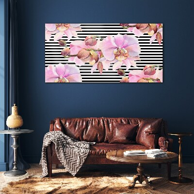 Tableau sur verre Orchidées sur fond de rayures noires