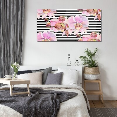 Tableau sur verre Orchidées sur fond de rayures noires