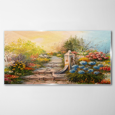Tableau photo sur verre Jardin fleuri avec fontaine