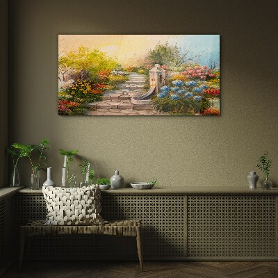 Tableau photo sur verre Jardin fleuri avec fontaine