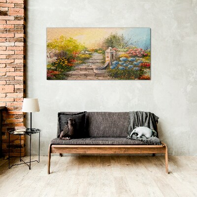 Tableau photo sur verre Jardin fleuri avec fontaine