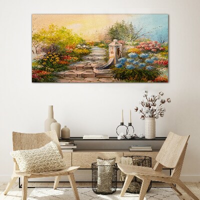 Tableau photo sur verre Jardin fleuri avec fontaine