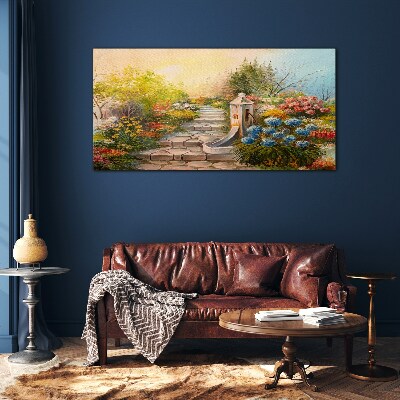 Tableau photo sur verre Jardin fleuri avec fontaine