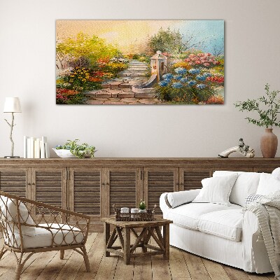 Tableau photo sur verre Jardin fleuri avec fontaine