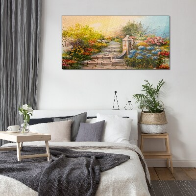 Tableau photo sur verre Jardin fleuri avec fontaine