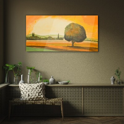 Tableau en verre Clairière dorée avec un arbre