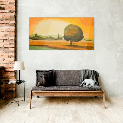 Tableau en verre Clairière dorée avec un arbre