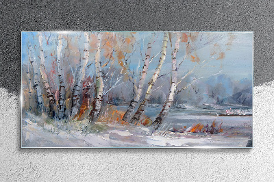 Tableau photo sur verre Bouleaux d'automne au bord de la rivière