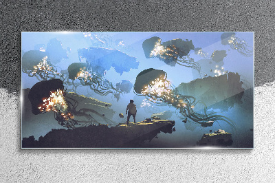 Tableau imprimé sur verre Un voyage sous-marin à la lumière des méduses