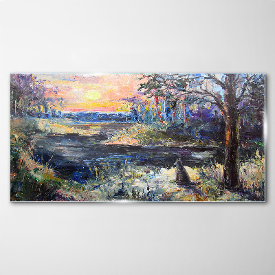 Tableau verre imprimé Coucher de soleil sur le lac