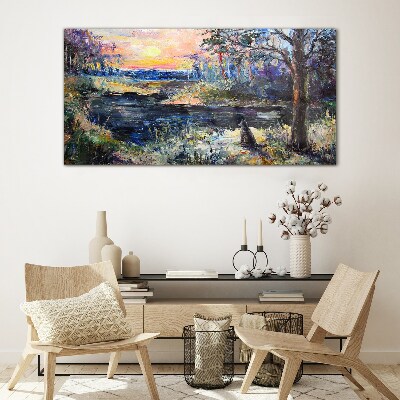 Tableau verre imprimé Coucher de soleil sur le lac