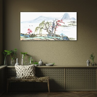 Tableau en verre Un paysage paisible avec des arbres et une maison