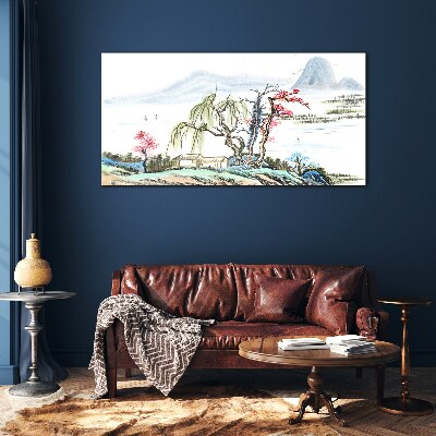 Tableau en verre Un paysage paisible avec des arbres et une maison