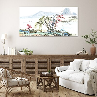 Tableau en verre Un paysage paisible avec des arbres et une maison