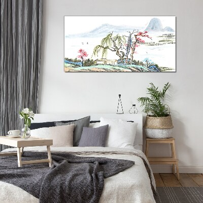 Tableau en verre Un paysage paisible avec des arbres et une maison