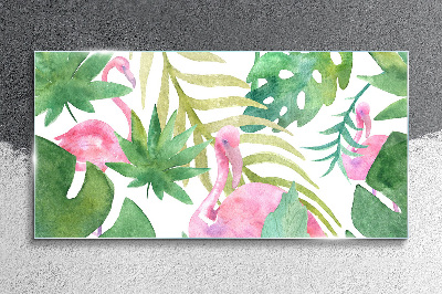 Tableau imprimé sur verre Flamants roses joyeux dans la jungle tropicale