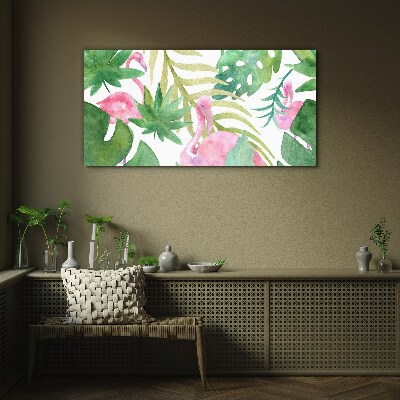 Tableau imprimé sur verre Flamants roses joyeux dans la jungle tropicale