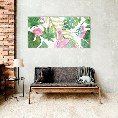 Tableau imprimé sur verre Flamants roses joyeux dans la jungle tropicale