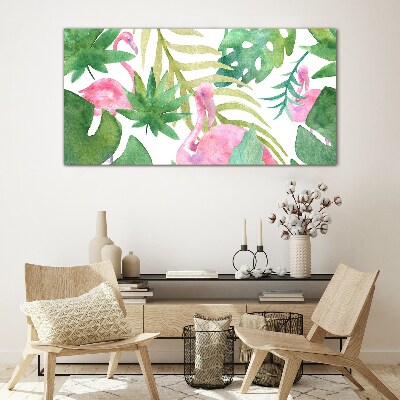 Tableau imprimé sur verre Flamants roses joyeux dans la jungle tropicale