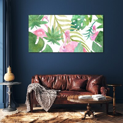 Tableau imprimé sur verre Flamants roses joyeux dans la jungle tropicale