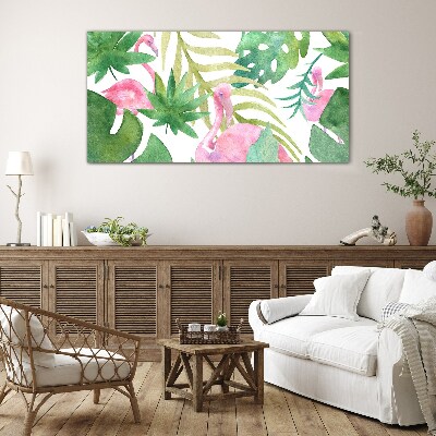 Tableau imprimé sur verre Flamants roses joyeux dans la jungle tropicale