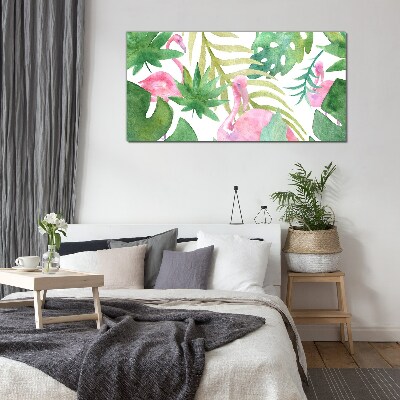 Tableau imprimé sur verre Flamants roses joyeux dans la jungle tropicale