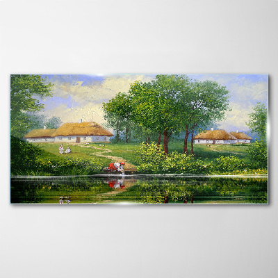 Tableau verre imprimé Un paysage rural paisible au bord de l'eau