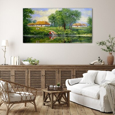 Tableau verre imprimé Un paysage rural paisible au bord de l'eau