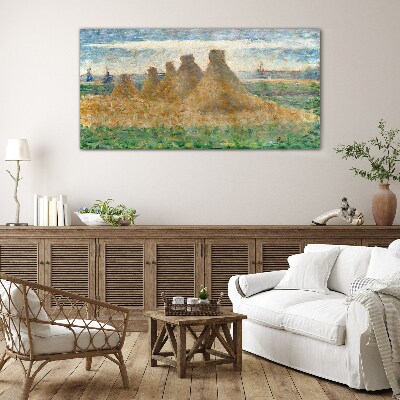 Tableau imprimé sur verre meules de foin dorées