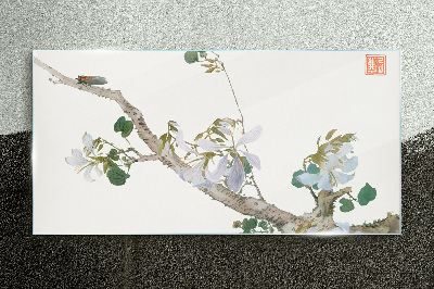 Tableau en verre Branche fleurie avec cigales