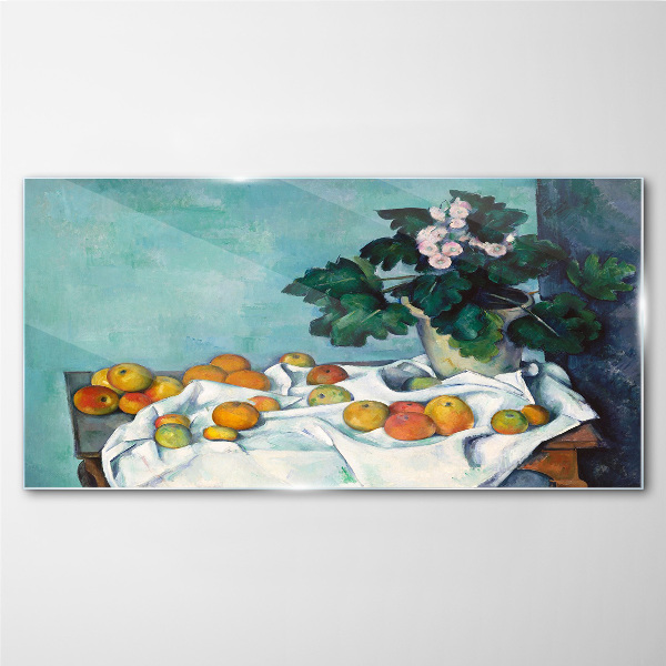 Tableau photo sur verre Table de fruits avec un vase