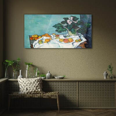 Tableau photo sur verre Table de fruits avec un vase