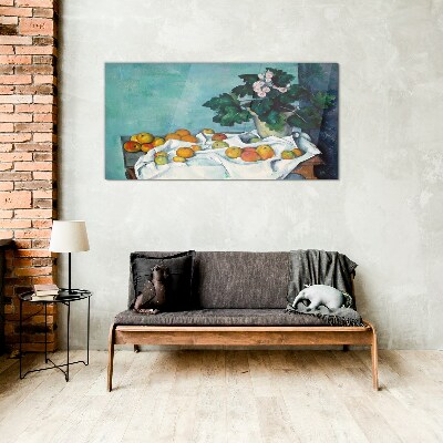 Tableau photo sur verre Table de fruits avec un vase