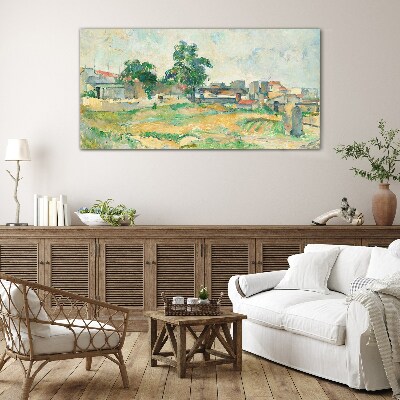 Tableau photo sur verre Paysage avec un arbre et des bâtiments