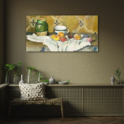 Tableau sur verre Table de fruits avec un pot vert