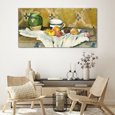 Tableau sur verre Table de fruits avec un pot vert