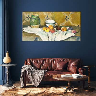 Tableau sur verre Table de fruits avec un pot vert