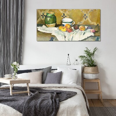 Tableau sur verre Table de fruits avec un pot vert