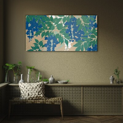 Tableau imprimé sur verre Feuilles vertes et bleues en abstraction