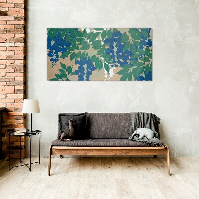 Tableau imprimé sur verre Feuilles vertes et bleues en abstraction