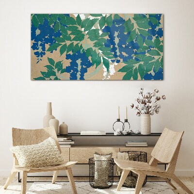 Tableau imprimé sur verre Feuilles vertes et bleues en abstraction