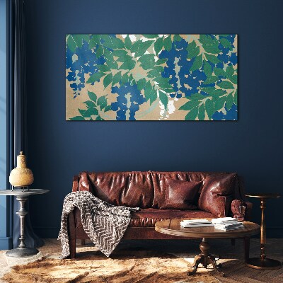 Tableau imprimé sur verre Feuilles vertes et bleues en abstraction