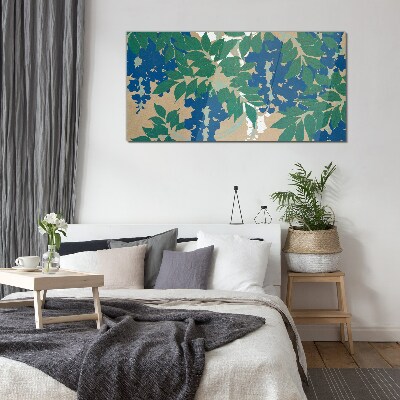 Tableau imprimé sur verre Feuilles vertes et bleues en abstraction