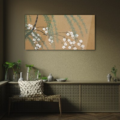 Tableau verre imprimé Branches florales sur fond marron
